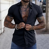 preiswerte Herrenhemd zum Knöpfen-Herren Hemd Sommerhemd Freizeithemd Knopfhemd Hemden zum Herausstecken Schwarz Weiß Gelb Rosa Dunkelmarine Kurzarm Einfach Umlegekragen Urlaub Straße Bekleidung Baumwolle Baumwollmischung Mode Lässig
