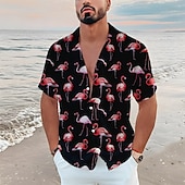 economico Uccelli &amp; Animali-Per uomo Floreale Fenicottero Tropicale Camicia Camicia hawaiana Camicia Aloha Manica corta Camicia Collo ripiegabile Tropicale Di tendenza Streetwear Informale Hawaiano Per eventi Blu-verde Nero