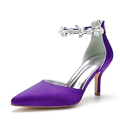 ieftine Formal-tocuri de nuntă cu vârf ascuțit din satin argintiu pentru femei – curea la gleznă cu strass și toc mijlociu elegant