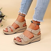 preiswerte Komfortsandalen-Beige Keilsandaletten für Damen - lässige offene Sommerschuhe mit verstellbaren Riemen und bequemer Sohle für den Alltag
