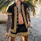 billiga Set med tryckta skjortor för män-Herr Blommig 2st Skjortor Set Hawaii skjorta Kortärmad Korta byxor Nedvikt Mode Hawaiisk Ledigt Utomhus Semester Strand 3D-utskrift Button-Down Sommar Vår Guld + svart Svart Gul