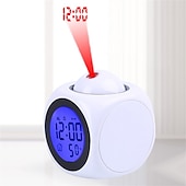 abordables Radios y relojes-Reloj despertador de proyección digital para el hogar, reloj despertador multifunción con voz que habla, pantalla LCD con termómetro electrónico, proyección de techo de pared de tiempo