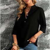 Недорогие Основные искусственные рубашки-Жен. Застегните кнопку вверх Блуза Длинные хлопковые топы Искусственный хлопок и лен Пуговицы Сплошной/однотонный цвет Классический Неоновый и Яркий V-образный вырез Повседневные