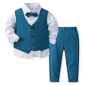voordelige Jongens formeel pak-4-delig Peuter Jongens Shirt &amp; broek Kleding Effen Kleur Lange mouw Katoen Set School Modieus Aanbiddelijk Lente Herfst 3-7 jaar blauw Grijs Licht Blauw