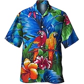 billiga Fåglar &amp; Djur-Herr Djur Papegoja Palmblad Skjorta Hawaii skjorta Lägerskjorta Kortärmad Skjorta Nedvikt Mode Designer Ledigt Utomhus Gata Ledigt Sjöblå Havsblått Rubinrött 3D-tryck S M L
