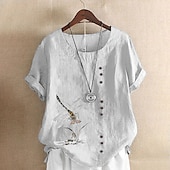 economico Camicie-Camicia da donna 100% Cotone Camicia Blusa Stampa a bottoni Weekend Streetwear Di base Casual Simile lino Manica corta Collo tondo Bianco Estate Primavera