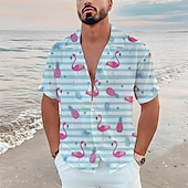 economico Uccelli &amp; Animali-Per uomo Floreale Fenicottero Tropicale Camicia Camicia hawaiana Camicia Aloha Manica corta Camicia Collo ripiegabile Tropicale Di tendenza Streetwear Informale Hawaiano Per eventi Blu-verde Nero