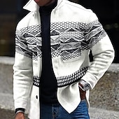 billiga skjortjacka för män-Herr Geometriska mönster Geometri Skjorta Skjorta jacka Övertröja Långärmad Mode Streetwear Ledigt vardag Sport &amp; Utomhus Dagliga kläder Helgen Höst vinter Nedvikt Knappar Ficka Mönster Vit
