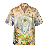お買い得  ヴィンテージシャツ-男性用 &quot;イースター  &quot; イエス シャツ ボタンアップシャツ 半袖 トロピカル風 ファッション ハワイアン カジュアル 祝日 ビーチ 夏 春 折襟 プリント ボタンダウン カーキ色