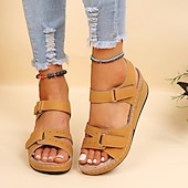 preiswerte Komfortsandalen-Beige Keilsandaletten für Damen - lässige offene Sommerschuhe mit verstellbaren Riemen und bequemer Sohle für den Alltag