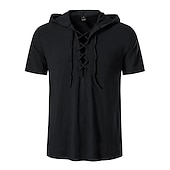 billiga Business Casual-Herr Linneskjorta i bomull Sommarskjorta Casual skjorta Strandskjorta Ensfärgat Semester Ledigt Svart Vit Kaki Mörkblå Kortärmad Huva Sommar Kläder Snörning