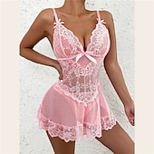 abordables Lencería-Lencería de mujer, babydoll de encaje transparente con tirantes ajustables, ropa de dormir seductora, ropa íntima con lazo rojo, conjuntos para el hogar