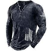 cheap Flag-Men&#039;s Graphic Prints National Flag Henley Shirt Graphic Tee Long Sleeve Shirt Long Sleeve Hot Stamping Designer Basic Modern Contemporary Vacation Street Going out Spring &amp;  Fall Black Red Navy Blue