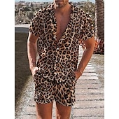 preiswerte Bedruckte Hemden-Sets für Herren-Herren Leopard 2St Hemden-Sets Sommer Hawaiihemd Kurzarm Kurze Hosen Umlegekragen Tropisch Mode Hawaiianisch Lässig Ferien Strand Druck Sommer Frühling Blau Purpur Braun