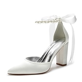 cheap Formal-Elegant Green Satin Ankle Strap Heels – Pointed Toe, Pearl Bow Detail, Block Heel Pumps for Women – Perfect for Weddings &amp; Parties