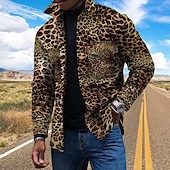billiga skjortjacka för män-Herr Leopard Skjorta jacka Övertröja Långärmad Mode Streetwear Ledigt vardag Sport &amp; Utomhus Dagliga kläder Helgen Höst vinter Nedvikt Knappar Ficka Mönster Gul Blå Brun Grön