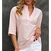 Недорогие Основные искусственные рубашки-Жен. Застегните кнопку вверх Блуза Длинные хлопковые топы Искусственный хлопок и лен Пуговицы Сплошной/однотонный цвет Классический Неоновый и Яркий V-образный вырез Повседневные