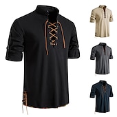 Χαμηλού Κόστους Business Casual-Ανδρικά λινό πουκάμισο Καλοκαιρινό πουκάμισο Casual πουκάμισο Πουκάμισο παραλίας Διακοπών Διακοπές Καθημερινά Γαλάζιο Μαύρο Χακί Σκούρο γκρι Κοντομάνικο Όρθιος γιακάς Ρούχα