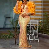 preiswerte ORANGE-Meerjungfrau Abendkleid Pailletten Kleid Karneval Bodenlang Lange Ärmel V-Ausschnitt mit Federn Kristallen Maskerade Kleid 2025