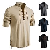 Χαμηλού Κόστους Business Casual-Ανδρικά λινό πουκάμισο Καλοκαιρινό πουκάμισο Casual πουκάμισο Πουκάμισο παραλίας Διακοπών Διακοπές Καθημερινά Γαλάζιο Μαύρο Χακί Σκούρο γκρι Κοντομάνικο Όρθιος γιακάς Ρούχα