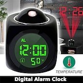 abordables Radios y relojes-Reloj despertador de proyección digital para el hogar, reloj despertador multifunción con voz que habla, pantalla LCD con termómetro electrónico, proyección de techo de pared de tiempo