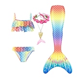 voordelige Zeemeermin badpak-Kinderen Voor meisjes Vijf stuk Zeemeermin zwemkleding Badmode Bikini Strand Zwemmen Regenboog Tie Dye leuke Style Badpakken 3-10 jaar Zomer Licht Blauw Kleurrijk
