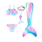 voordelige Zeemeermin badpak-Kinderen Voor meisjes Vijf stuk Zeemeermin zwemkleding Badmode Bikini Strand Zwemmen Regenboog Tie Dye leuke Style Badpakken 3-10 jaar Zomer Licht Blauw Kleurrijk