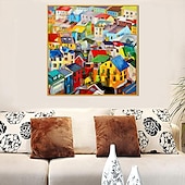 cheap Landscape Paintings-Handmade Oil Painting Canvas Wall Art Decoration Modern Abstract Village Colorful House Home Living Room Decor Rolled Frameless Unstretched Painting