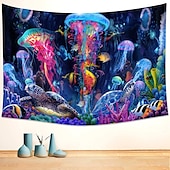 cheap Blacklight Tapestries-Blacklight Tapestry UV Reactive Glow in the Dark Glow Party Neon Jellyfish Marine Psychedelic Trippy Misty Hanging Tapestry Wall Art Mural for Living Room Bedroom