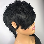 economico Parrucche trendy sintetiche-parrucca pixie cut per donne nere capelli umani vergini al 100% nessuno parrucche a strati frontali in pizzo con frangia capelli umani veri brasiliani parrucche pixie corte per donne nere uso
