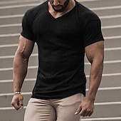 preiswerte Geripptes Strick-T-Shirt-Herren T Shirt Geripptes Strick-T-Shirt T-Shirt Kurze Ärmel V Ausschnitt Sommer Einfach Designer Basic Moderne zeitgenössische Urlaub Straße Ausgehen Schwarz Weiß Kaffee Top T-Shirt für Herren
