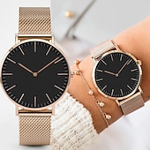 رخيصةأون ساعات كوارتز-ساعة كواتز أنالوج النسائية الكلاسيكية الفاخرة ذات السوار الفولاذي الذهبي الوردي من العلامة التجارية الراقية، هدية مثالية لساعات المعصم النسائية