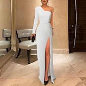 economico NERO-Abito da sera a tubino elegante abbigliamento formale lunghezza del pavimento maniche lunghe una spalla invitati a matrimoni tessuto elasticizzato con eleganza slit colore puro Masquerade Dress 2025