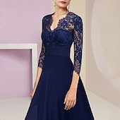 abordables Longueur du plancher-Robe de Mère de la Mariée A-Line Robe Formelle Invité de Mariage Élégante Haut-Bas Col V Asymétrique Longueur Thé Chiffon Dentelle Manches 3/4 avec Plis 2025 taille personnalisée gratuite