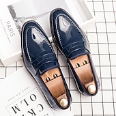 ieftine Semi-formal-mocasini din piele artificială lacuita albastru bleumarin pentru bărbați – pantofi de rochie clasici, cu finisaj lucios, perfecti pentru ocazii formale și ținute de afaceri