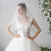 baratos Véus de Noiva-Duas Camadas Com Pérolas Véus de Noiva Véu Ponta dos Dedos com Perola Imitação 84,65 cm (215 centímetros) Tule
