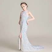 preiswerte Blumenmädchenkleider-Blumenmädchenkleid Mädchen Kleid Abendkleid Party Kleid Hochzeit Party Besondere Anlässe Kuschelig Prinzessin Pailletten Spitze Glatt Ärmellos Schulterfrei Schwarz Weiß