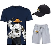 cheap Cartoon &amp; Movie Character Graphic-Three Piece Printed T-Shirt Shorts Baseball Caps Co-ord Sets One Piece Monkey D. Luffy Graphic Outfits &amp; Matching For Men&#039;s Adults&#039; Casual Daily Running Gym Sports