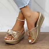 ieftine Sandale de vacanță-Pentru femei Papuci Sandale cu platformă Mărime Plus Size Papuci de plajă Zilnic Plajă Culoare solidă Vară Toc Drept Pantofi vârf deschis Clasic Casual Imitație Piele PU Loafer Argintiu Auriu