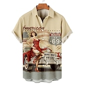 preiswerte Retro Vintage Druck-Herren Buchstabe Porträt Pin-up-Girl Hemd Sommer Hawaiihemd Alohahemd Kurze Ärmel Hemd Umlegekragen Vintage Tropisch Mode Straße Lässig Hawaiianisch Schwarz Blau Khaki S M L