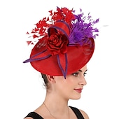 billige Coiffer-fascinators Sinamay Bryllup Kentucky Derby cocktail Retro Rød Brude Med Fjær Blomster Hodeplagg Hodeplagg