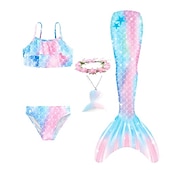 voordelige Zeemeermin badpak-Kinderen Voor meisjes Vijf stuk Zeemeermin zwemkleding Badmode Bikini Strand Zwemmen Regenboog Tie Dye leuke Style Badpakken 3-10 jaar Zomer Licht Blauw Kleurrijk