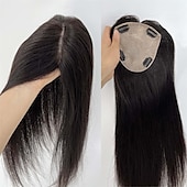 voordelige Stukken en toupetjes van echt haar-haar toppers voor vrouwen 100% remy menselijk haar topper haarstukje 12*13cm volledige zijde basis steil haar voor dunner wordend haar haaruitval cover grijs haar