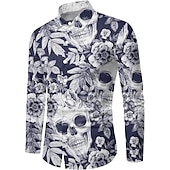 economico Giorno dei Morti Costume-Per uomo Rosa Floreale Teschi Camicia Manica lunga Di tendenza Originale Informale Halloween Strada Informale Autunno inverno Collo ripiegabile Stampa Bottone giù Nero e rosso Vinaccia Nero Bianco
