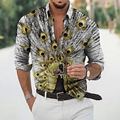 cheap Birds &amp; Animals-Men&#039;s Feather Shirt Aloha Shirt Long Sleeve Fashion Designer Casual Outdoor Vacation Daily Spring &amp; Summer Stand Collar 3D Print Button-Down Black White Black / Green Yellow Army Green