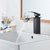 economico Classici-Rubinetto Miscelatore Lavabo Bagno A Cascata Alto Corto, Lavabo Monocomando Rubinetti Lavabo Monocomando, Bagno Con Tubo Flessibile Caldo E Freddo Vaso Monoblocco Acqua Rubinetto In Ottone Montaggio A Bordo Nero Dorato