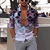 economico Geometrica-Per uomo Geometrica Geometria Camicia Camicia con bottoni Manica lunga Di tendenza Originale Informale Esterno Da mare Giornaliero Primavera estate Colletto alla coreana Stampa 3D Bottone giù Nero