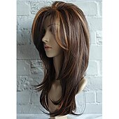 economico Parrucche trendy sintetiche-lunga lunghezza della spalla a strati marrone con parrucca evidenziata color cammello fibra di capelli sintetica evidenzia parrucche multicolori per donne bianche
