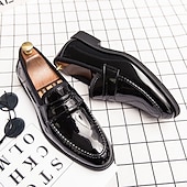 ieftine Semi-formal-mocasini din piele artificială lacuita albastru bleumarin pentru bărbați – pantofi de rochie clasici, cu finisaj lucios, perfecti pentru ocazii formale și ținute de afaceri
