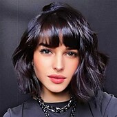 economico Parrucche trendy sintetiche-parrucche corte argento bianco per donna ombre parrucca riccia nera e grigia con frangia capelli sintetici di media lunghezza parrucca bob onda d&#039;acqua parrucche grigie colorate